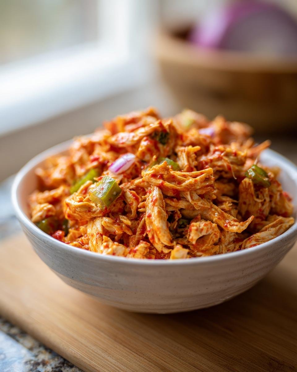A close-up of a white bowl filled with Irresistible Buffalo Chicken Salad, featuring shredded chicken, red onion, and green peppers.