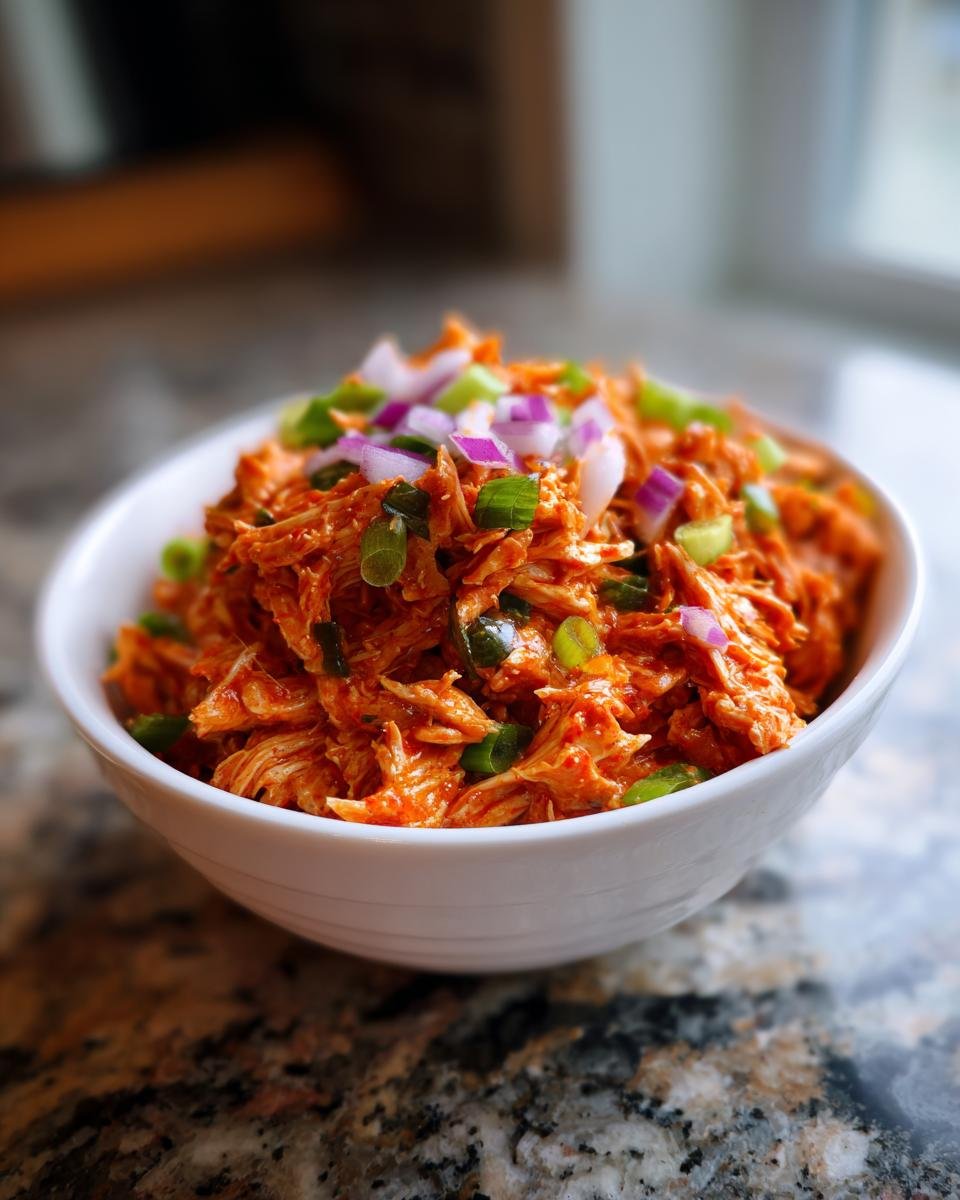 A white bowl filled with Irresistible Buffalo Chicken Salad, topped with chopped red onion and green onions.