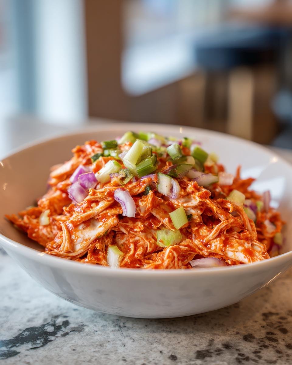 Close-up of Irresistible Buffalo Chicken Salad in a white bowl, topped with chopped celery and red onion.