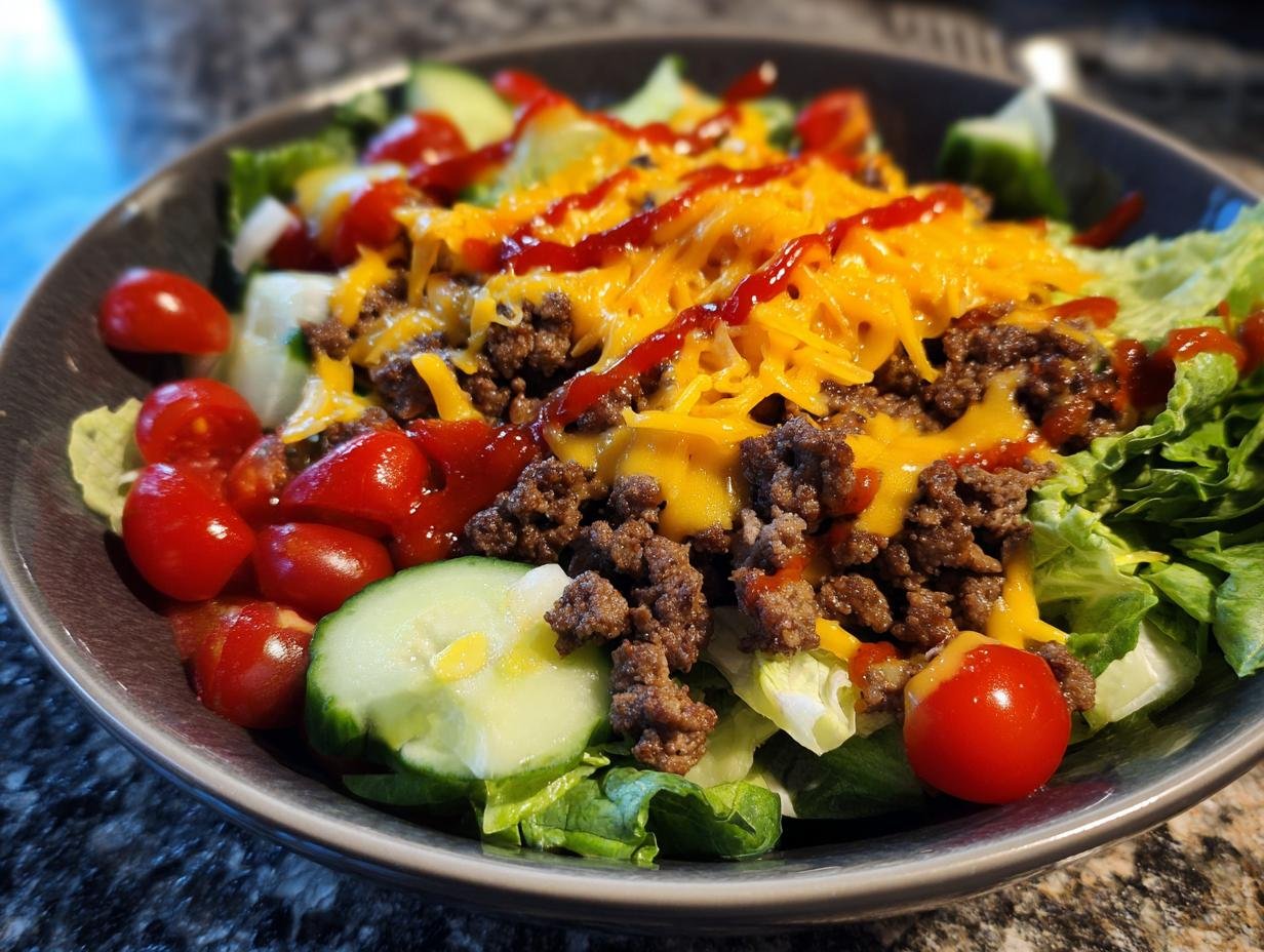 A close-up of an Irresistible Burger Bowl featuring seasoned ground beef, shredded cheddar cheese, lettuce, cherry tomatoes, and cucumber slices, drizzled with ketchup.