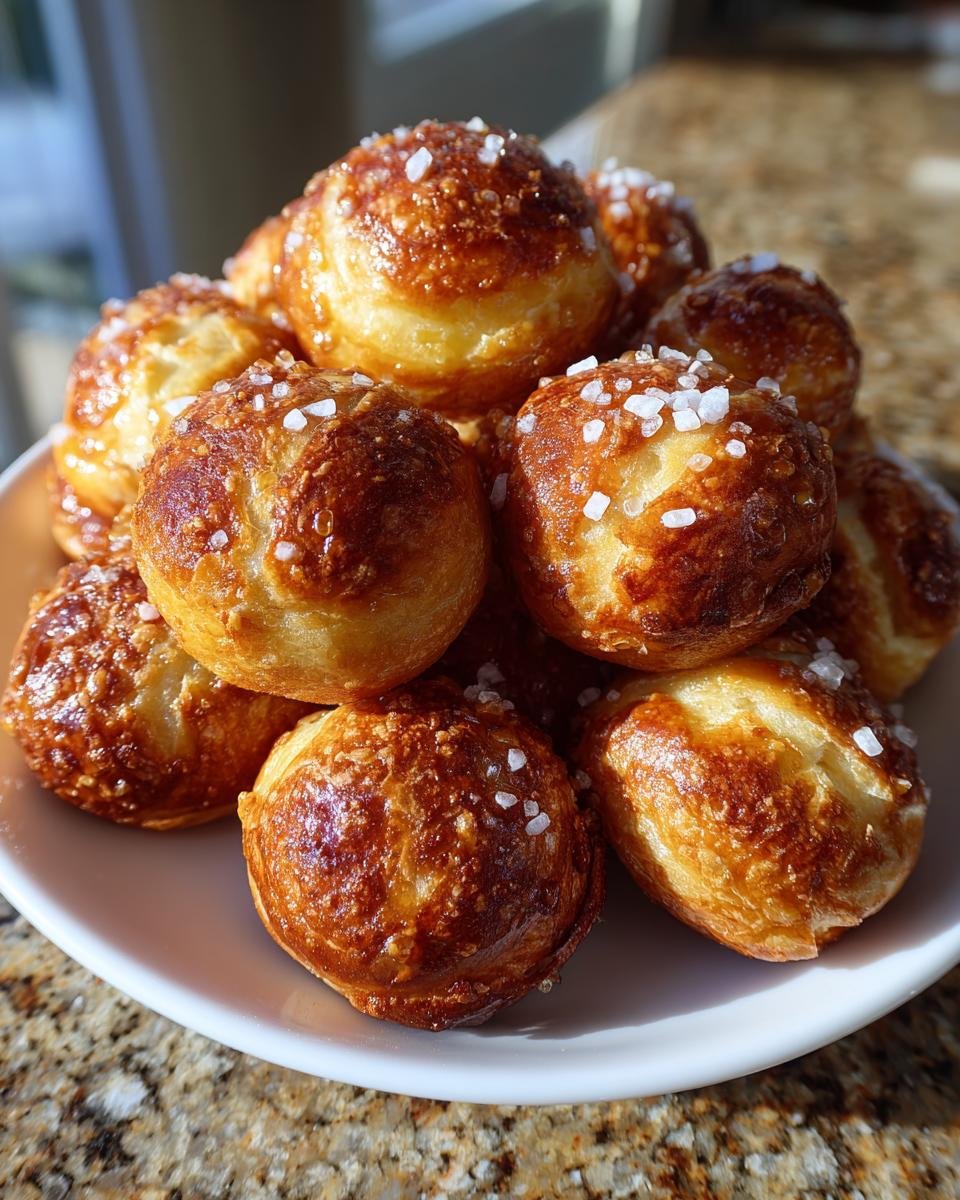 A pile of Irresistible Buttery Soft Pretzel Bites, golden brown and sprinkled with coarse salt.