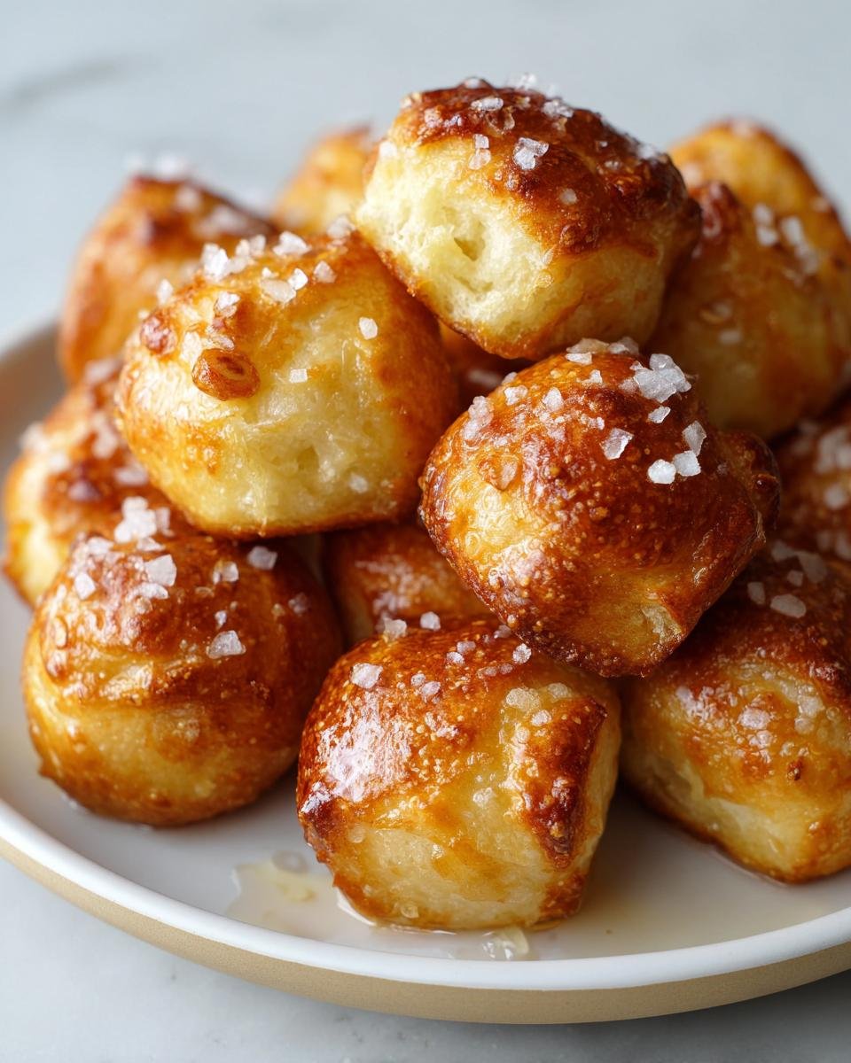 A close-up of a pile of Irresistible Buttery Soft Pretzel Bites, sprinkled with coarse salt.