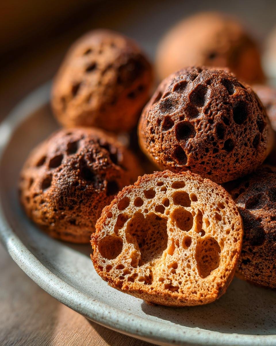 Close-up of Irresistible Button Cookies, one cut in half showing a porous interior.