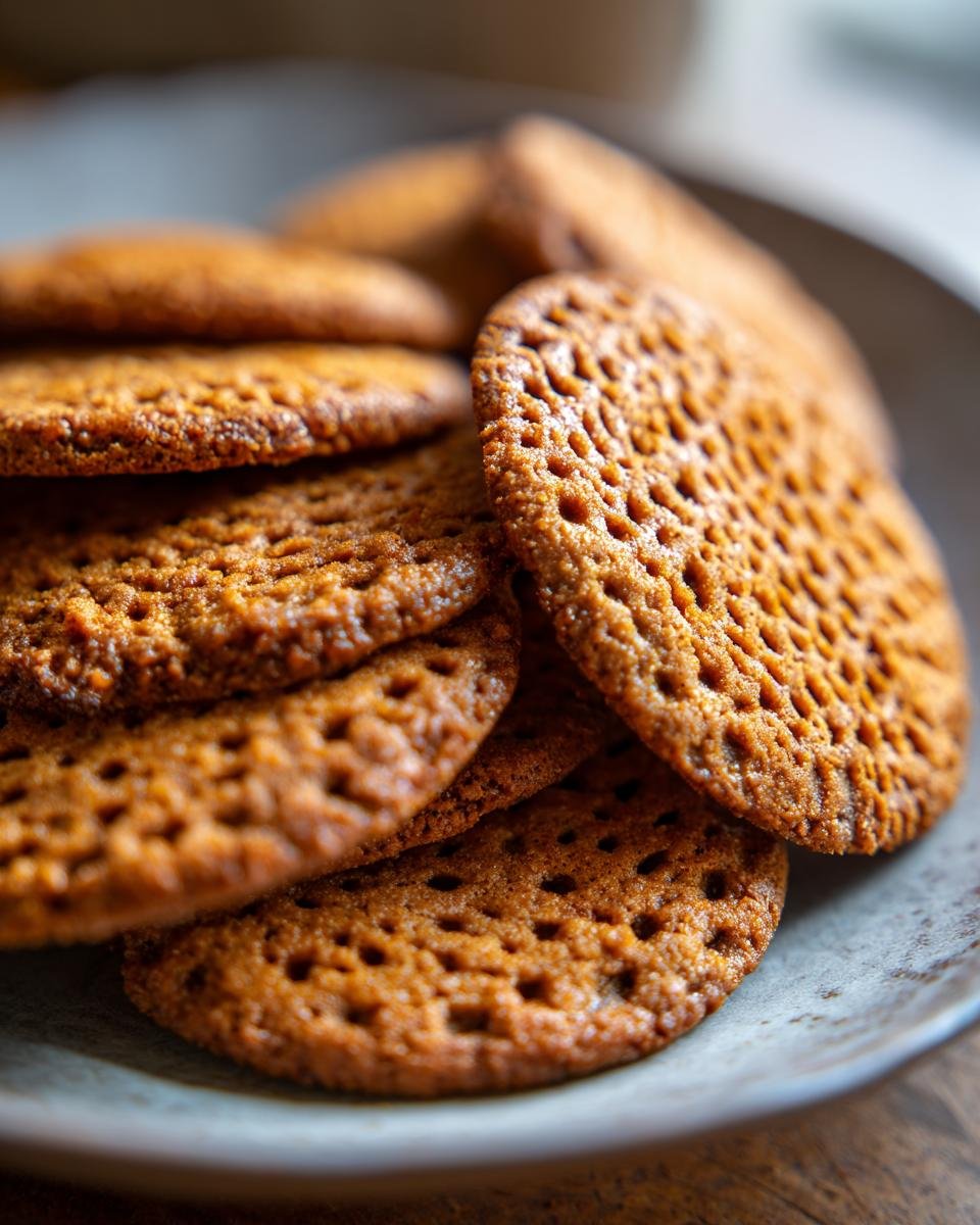 A close-up of a stack of Irresistible Button Cookies with a delicate lacy pattern on a rustic plate.