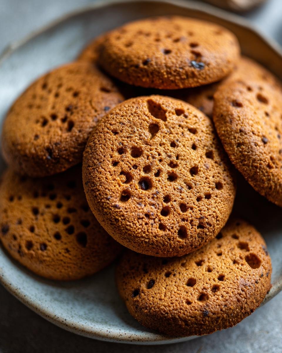 A close-up view of a pile of Irresistible Button Cookies on a textured plate, showcasing their golden-brown color and unique texture.