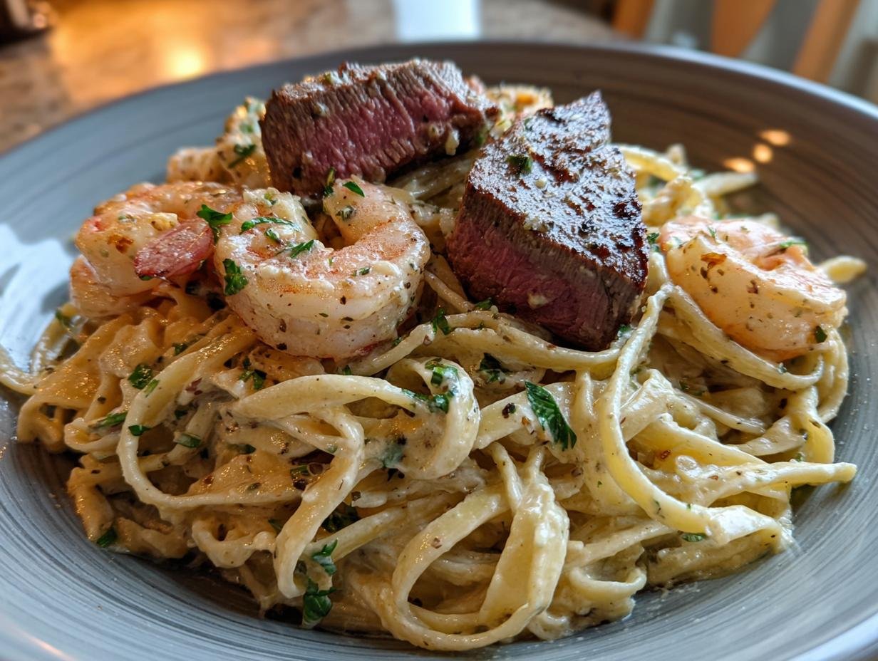 A close-up of Irresistible Cajun Shrimp and Steak Alfredo Pasta, featuring fettuccine, creamy sauce, tender steak, and seasoned shrimp.