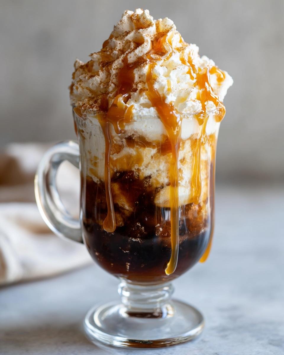 A tall glass filled with an Irresistible Caramel Apple Cider Float, topped with whipped cream, caramel drizzle, and cinnamon.