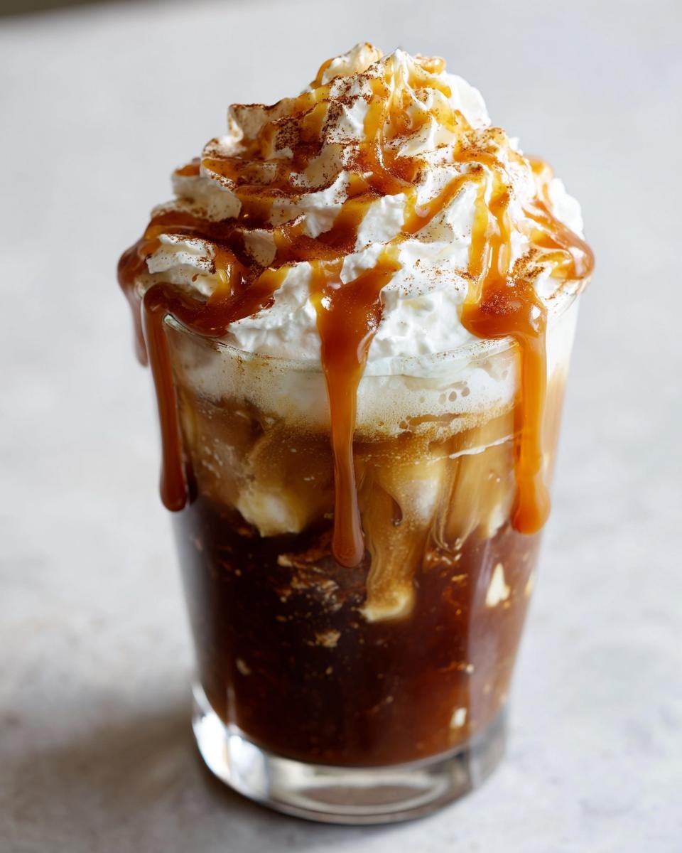 A close-up of an Irresistible Caramel Apple Cider Float, topped with whipped cream, caramel drizzle, and cinnamon.
