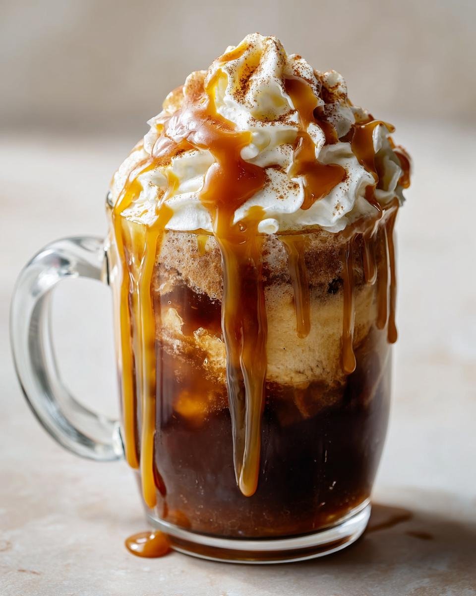A close-up of an Irresistible Caramel Apple Cider Float topped with whipped cream, caramel drizzle, and cinnamon.