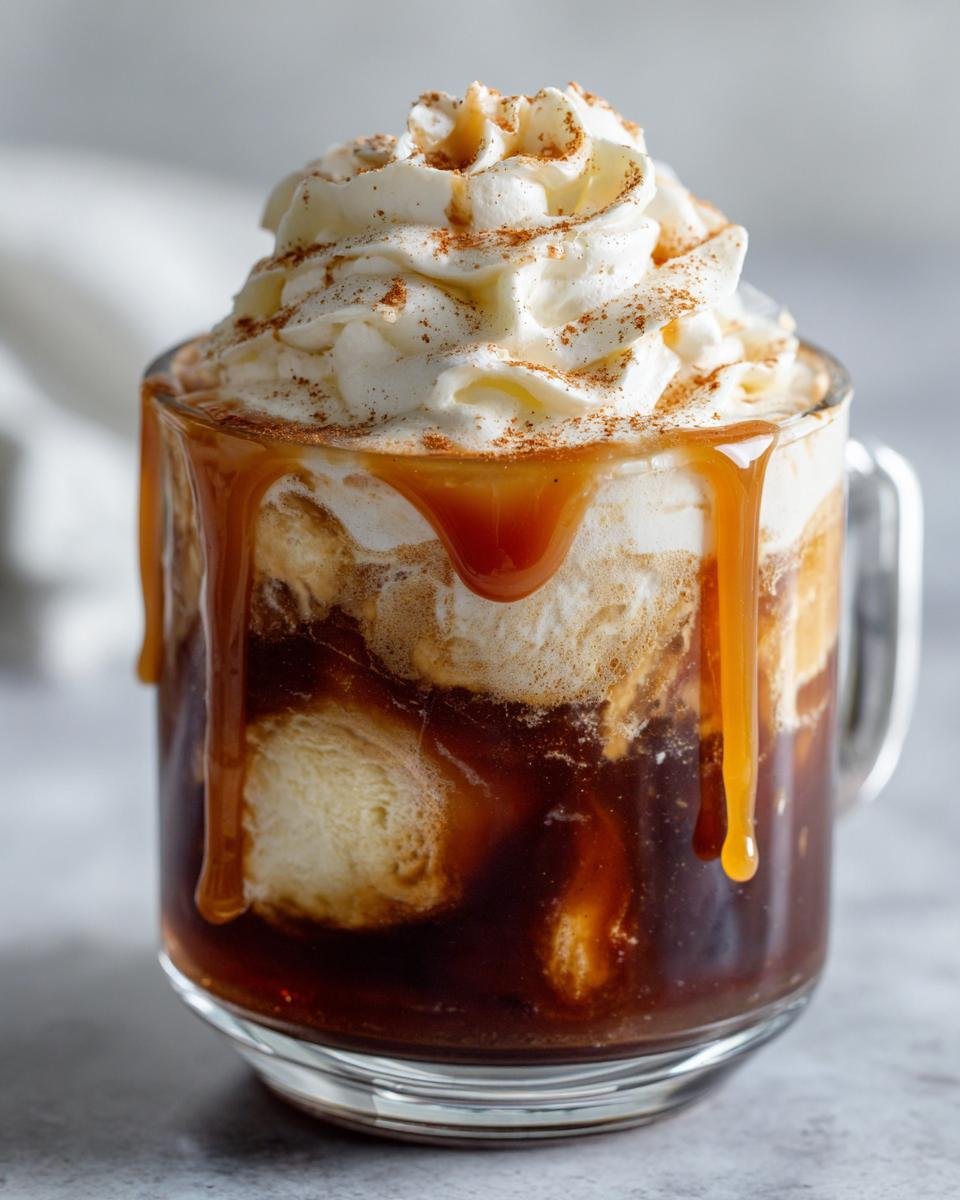 Close-up of an Irresistible Caramel Apple Cider Float with whipped cream, caramel drizzle, and cinnamon.