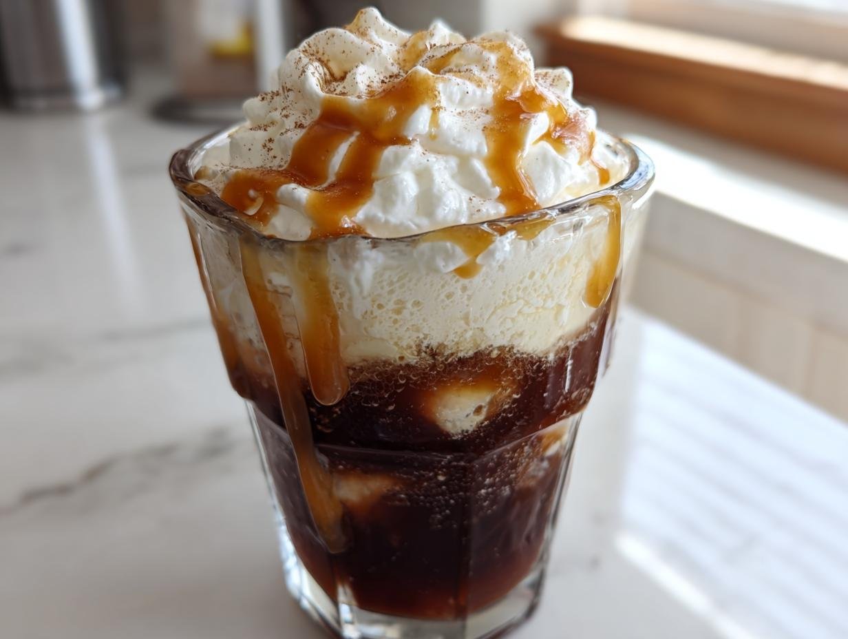 A close-up of an Irresistible Caramel Apple Cider Float topped with whipped cream, caramel drizzle, and cinnamon.