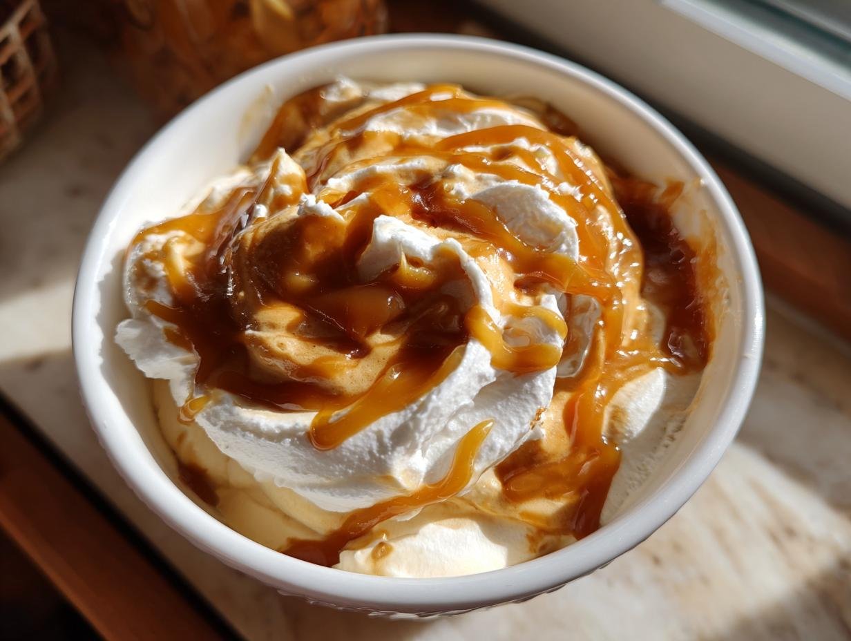 Close-up of a white bowl filled with Irresistible Easy Caramel Pumpkin Pie Cheesecake Dip, topped with whipped cream and drizzled with caramel.