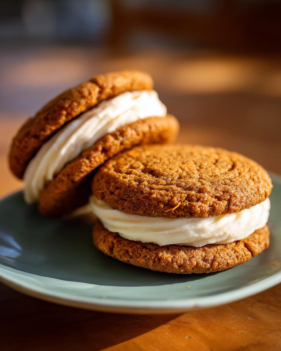 Two Irresistible Carrot Cake Cookies filled with creamy frosting, presented on a teal plate.