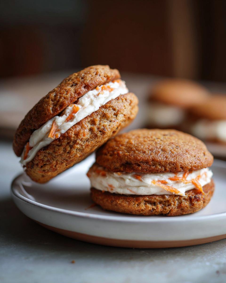 Two Irresistible Carrot Cake Cookies filled with cream cheese frosting and shredded carrots.