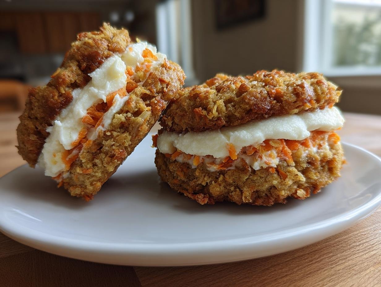 Two Irresistible Carrot Cake Cookies filled with cream cheese frosting and shredded carrots.