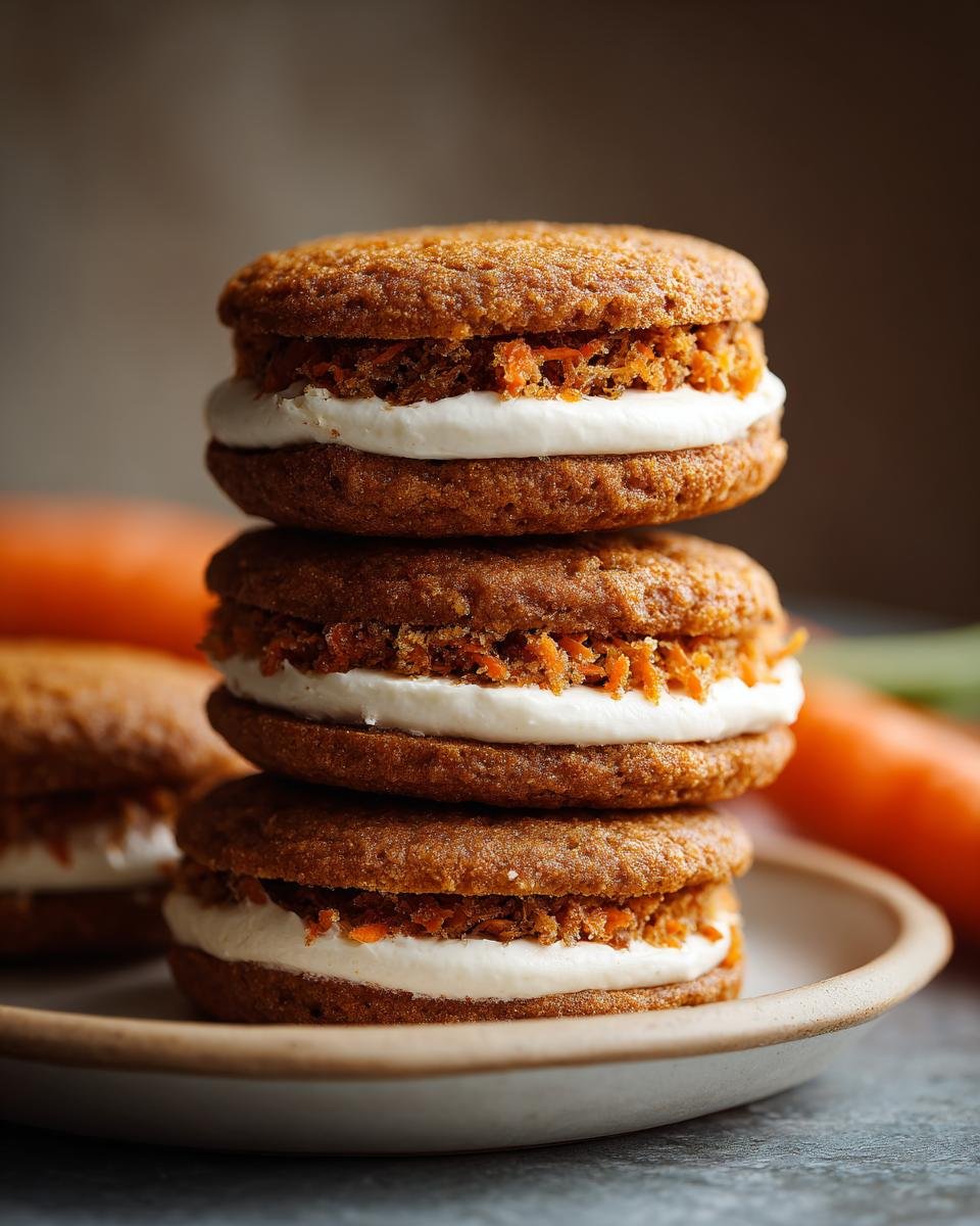 A stack of three Irresistible Carrot Cake Cookies, filled with cream cheese frosting and shredded carrots.
