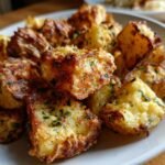 Close-up of Irresistible Cheesy Ranch Oven Roasted Potatoes, golden brown and sprinkled with parsley.