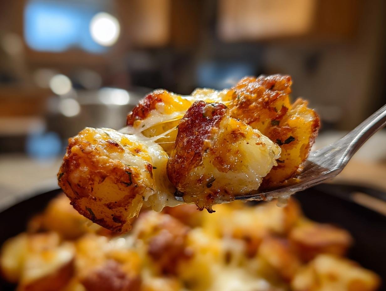 A fork lifts a piece of Irresistible Cheesy Ranch Oven Roasted Potatoes, showing melted cheese and crispy edges.