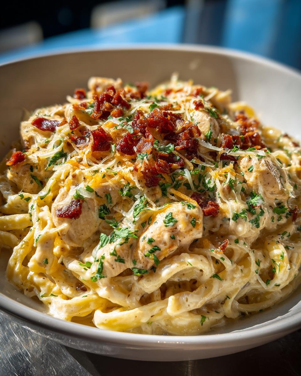 A close-up of Irresistible Chicken Bacon Ranch Pasta, featuring creamy fettuccine, chicken pieces, crispy bacon, and parsley.