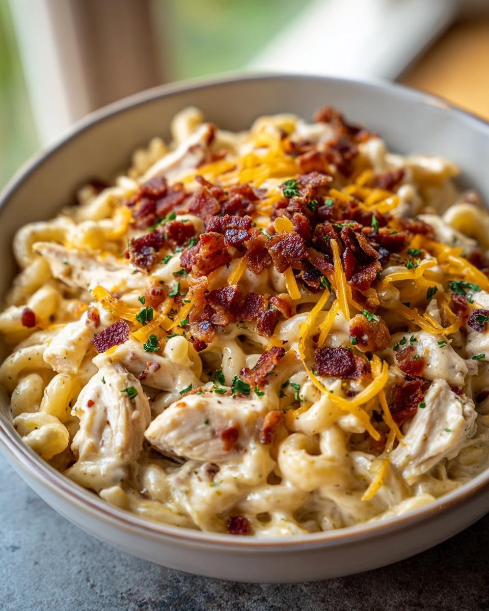 A close-up of Irresistible Chicken Bacon Ranch Pasta, topped with shredded cheese, crispy bacon bits, and parsley.