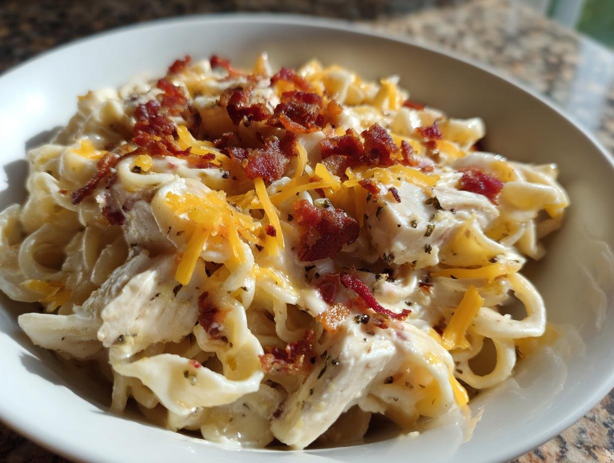 A close-up of Irresistible Chicken Bacon Ranch Pasta, featuring creamy sauce, chicken pieces, and crumbled bacon.