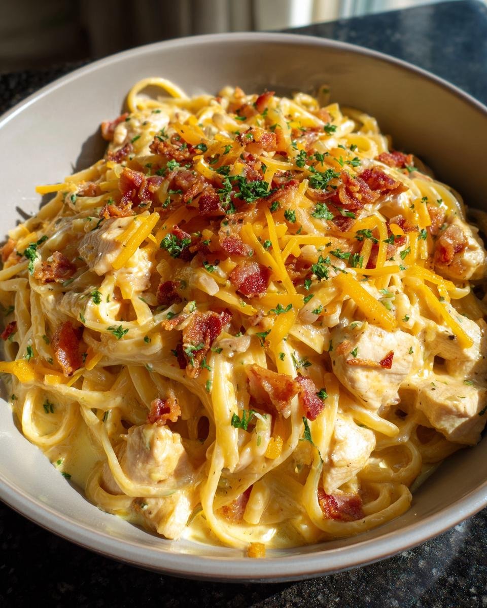 A close-up of Irresistible Chicken Bacon Ranch Pasta, topped with shredded cheese, crispy bacon, and parsley.