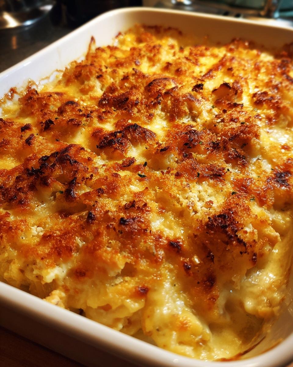 Close-up of a golden-brown baked Irresistible Chicken Cordon Bleu Casserole in a white dish.