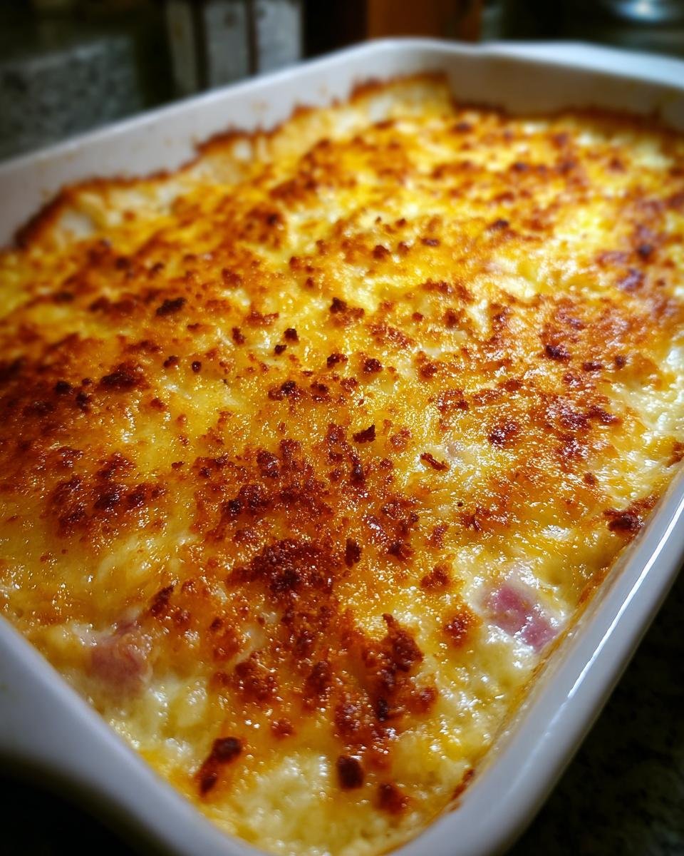 Golden brown baked Irresistible Chicken Cordon Bleu Casserole with melted cheese and visible ham.