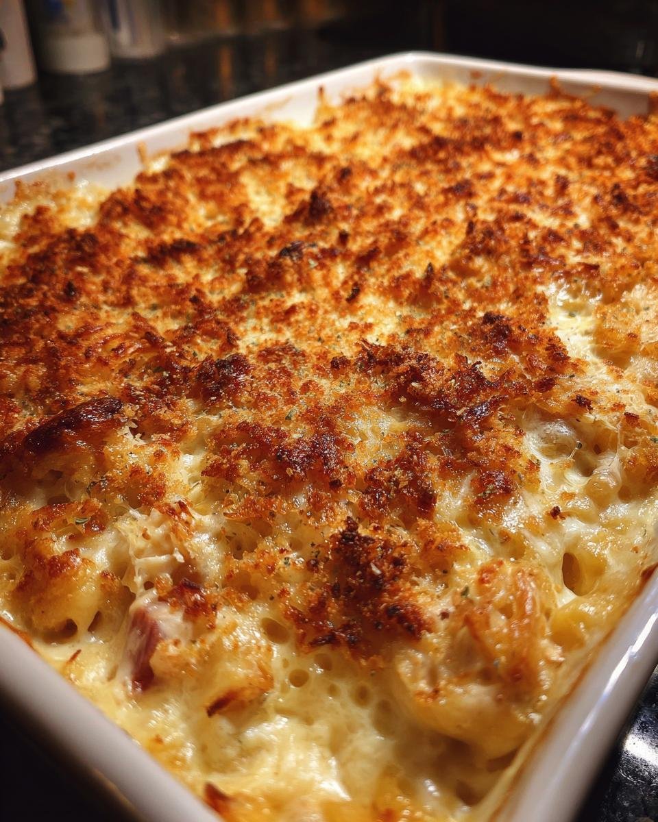 Close-up of a freshly baked Irresistible Chicken Cordon Bleu Casserole with a golden-brown breadcrumb topping.