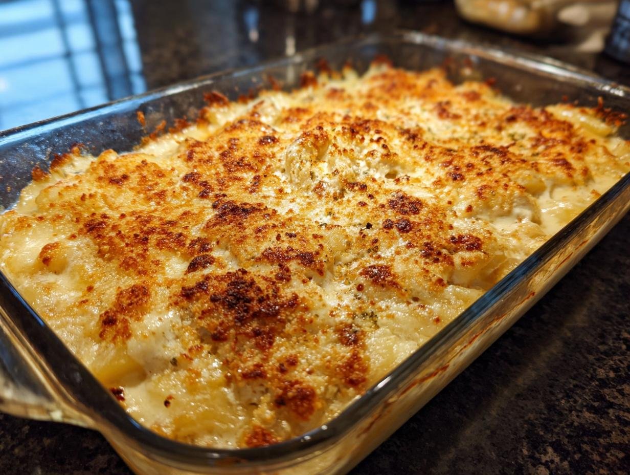 Golden brown baked Irresistible Chicken Cordon Bleu Casserole in a glass baking dish.