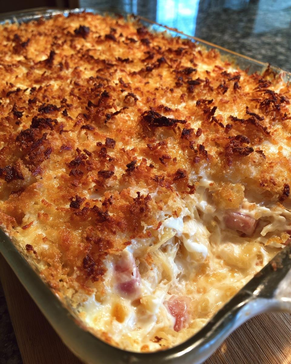 A close-up of a freshly baked Irresistible Chicken Cordon Bleu Casserole with a golden-brown, crispy topping.