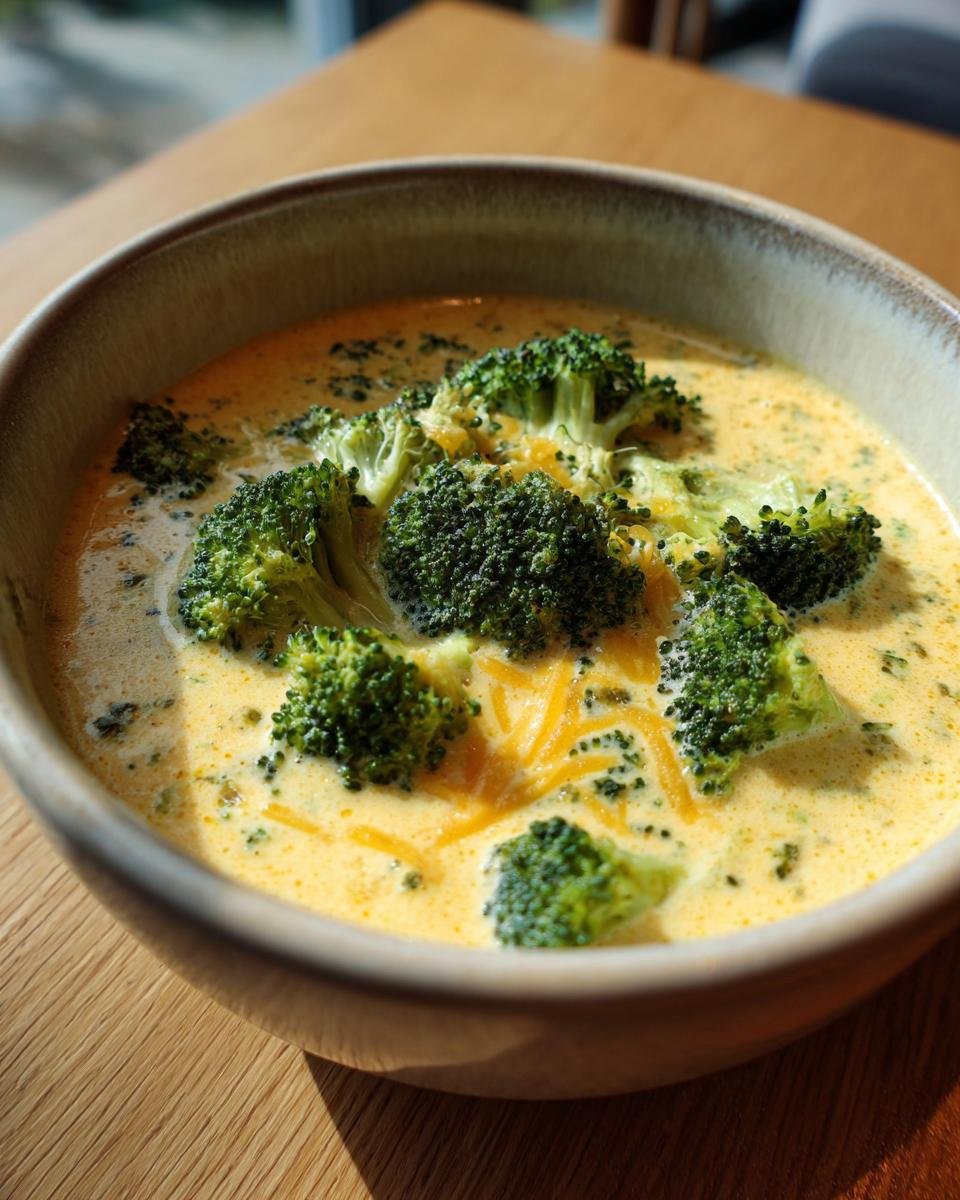 A close-up of a bowl filled with Irresistible Copycat Panera Broccoli Cheddar Soup, topped with fresh broccoli florets and shredded cheddar cheese.