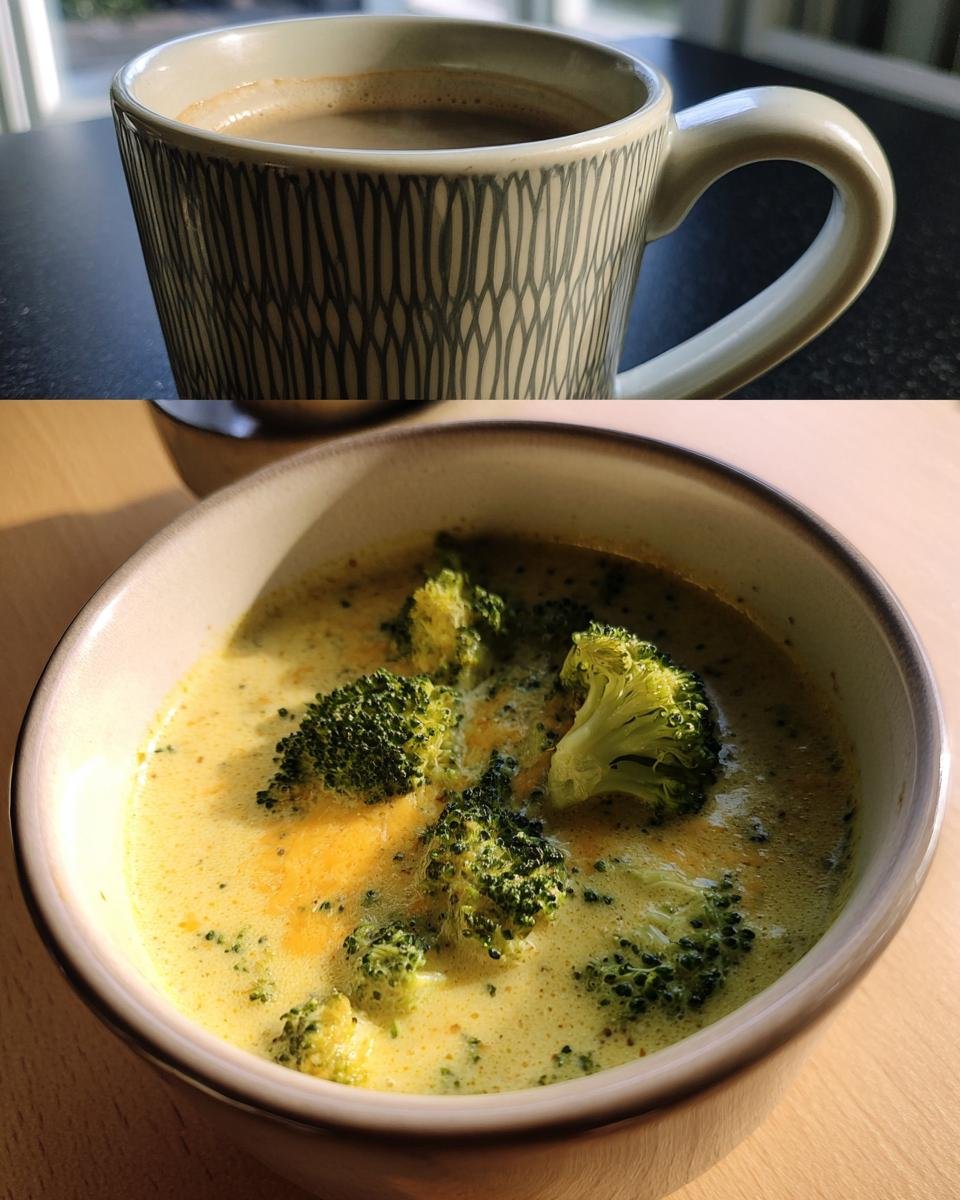 A close-up of a bowl of Irresistible Copycat Panera Broccoli Cheddar Soup, topped with broccoli florets.
