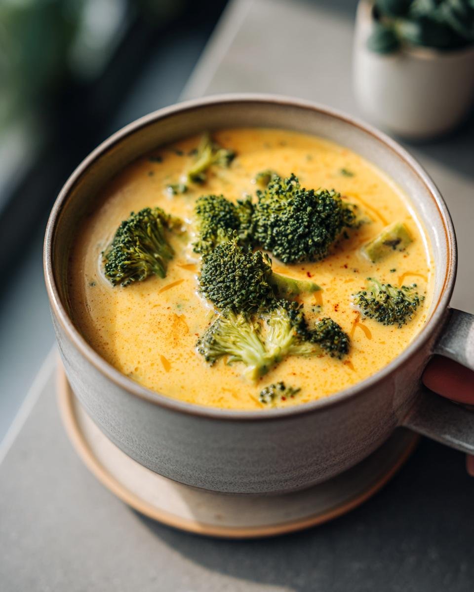 A close-up of a bowl of Irresistible Copycat Panera Broccoli Cheddar Soup, topped with fresh broccoli florets and melted cheddar cheese.