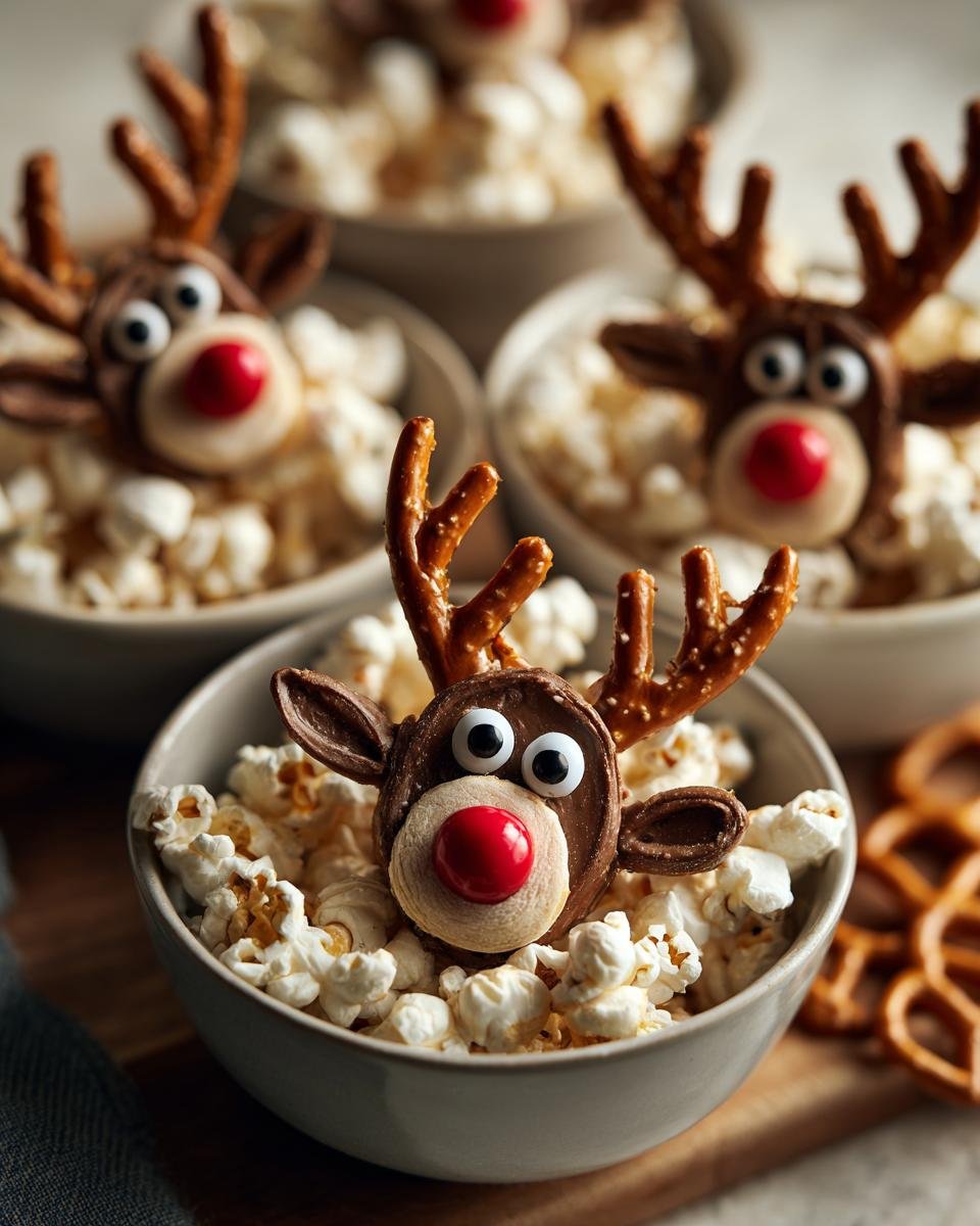Close-up of a bowl filled with popcorn and an adorable Cracker Jack reindeer face with pretzel antlers and a red nose.