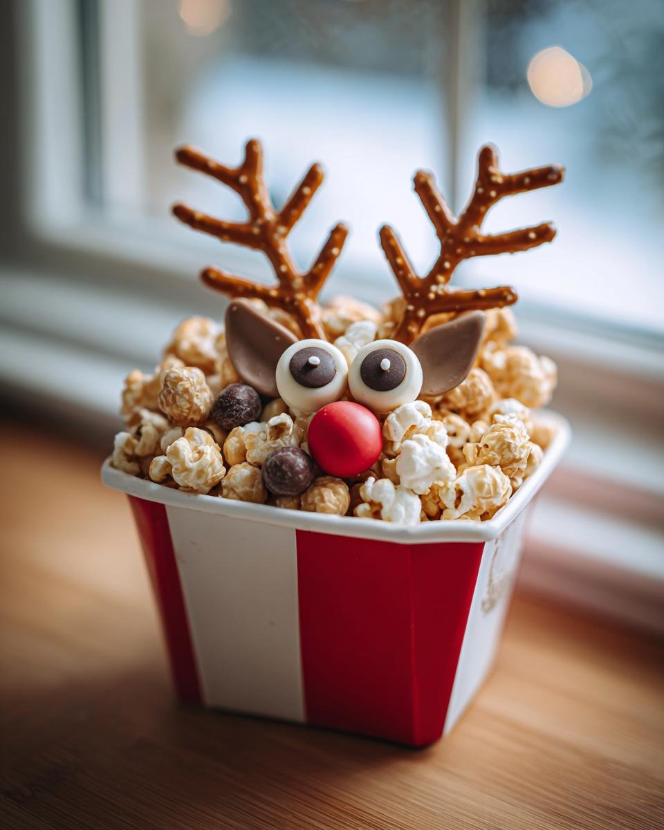 A festive Cracker Jack Reindeer treat made with popcorn, pretzels, chocolate, and candy, perfect for the holidays.
