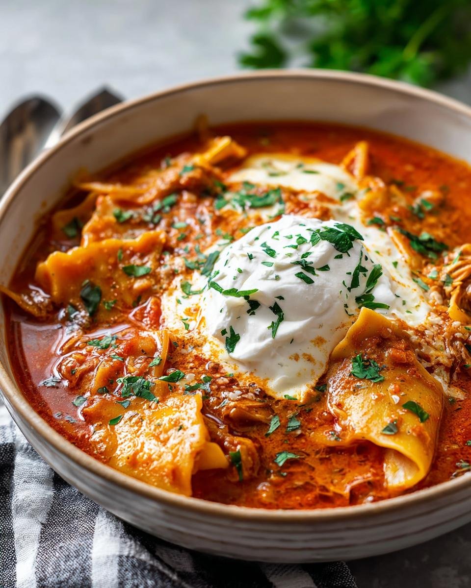 A close-up of a bowl of Irresistible Crock Pot Lasagna Soup, topped with a dollop of ricotta and fresh parsley.