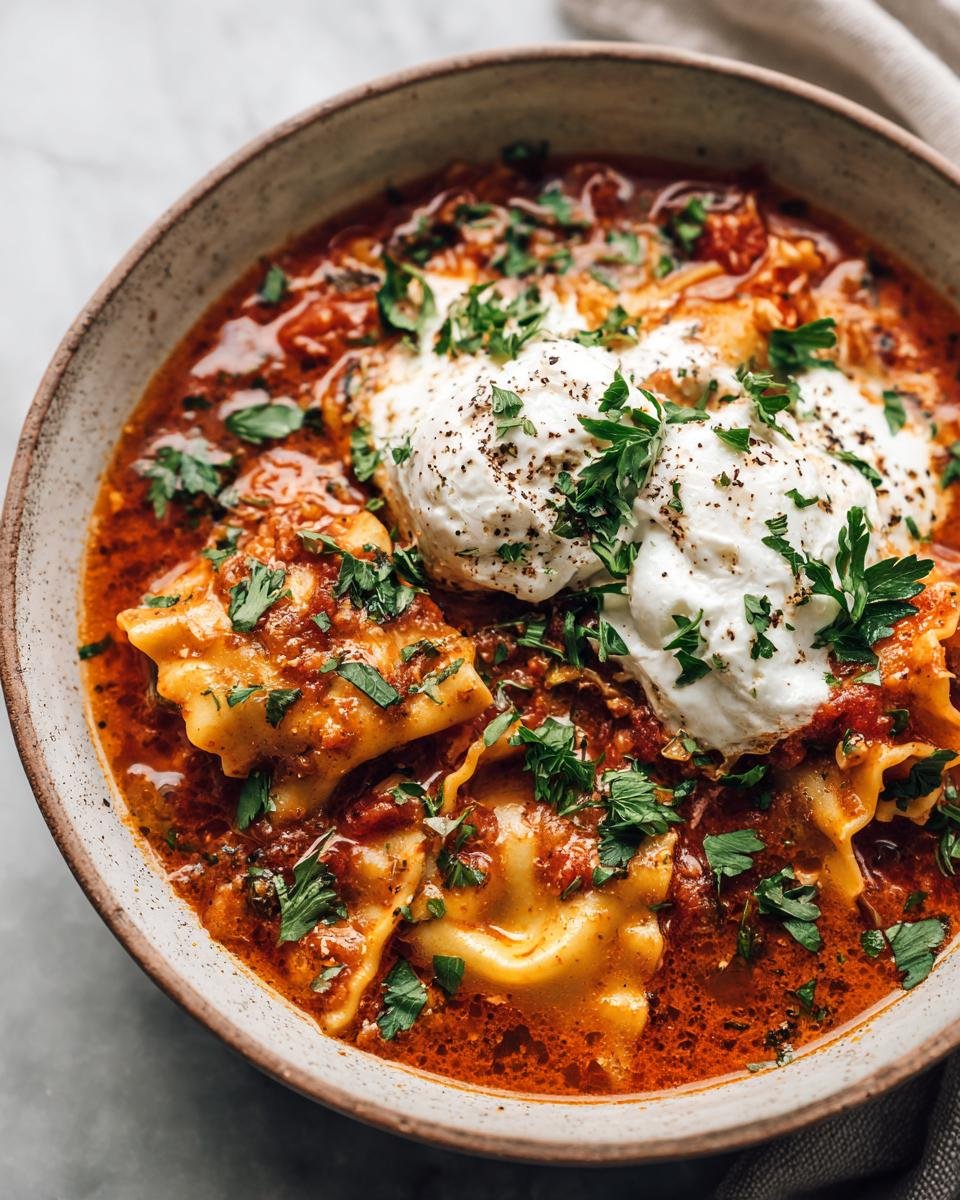 A hearty bowl of Irresistible Crock Pot Lasagna Soup, topped with dollops of ricotta and fresh parsley.