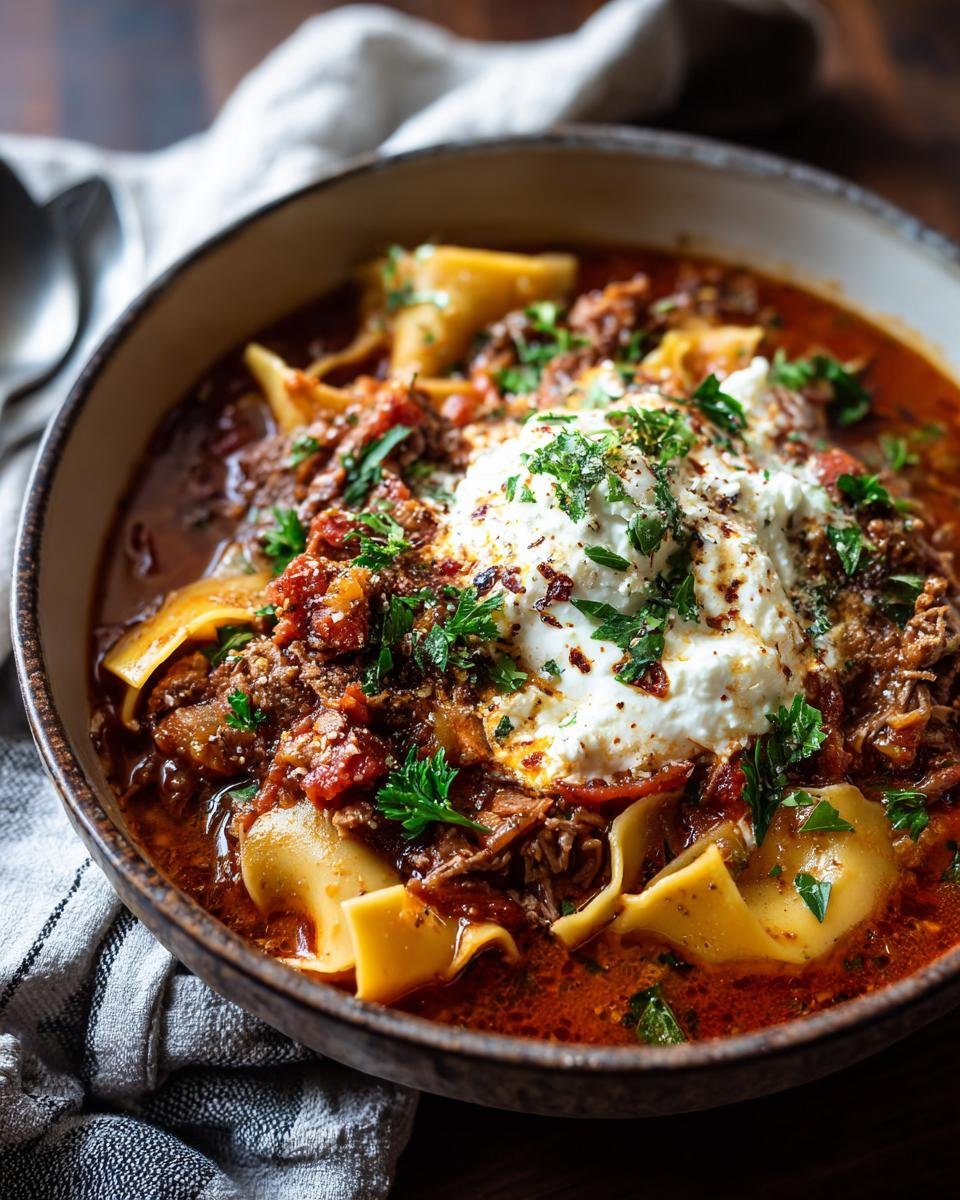 A close-up of a bowl of Irresistible Crock Pot Lasagna Soup, topped with ricotta and parsley.
