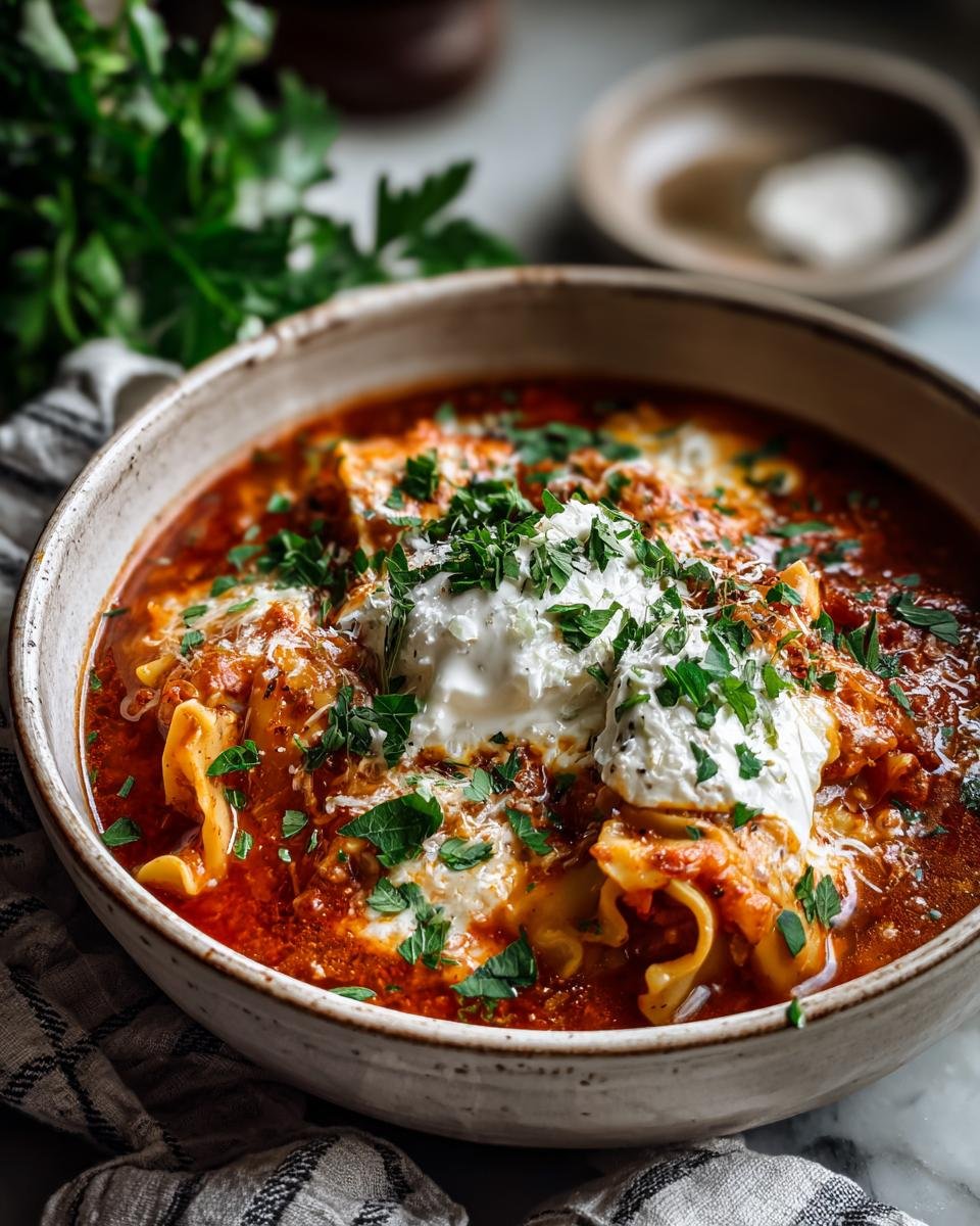 A close-up of a bowl filled with Irresistible Crock Pot Lasagna Soup, topped with dollops of ricotta and fresh parsley.