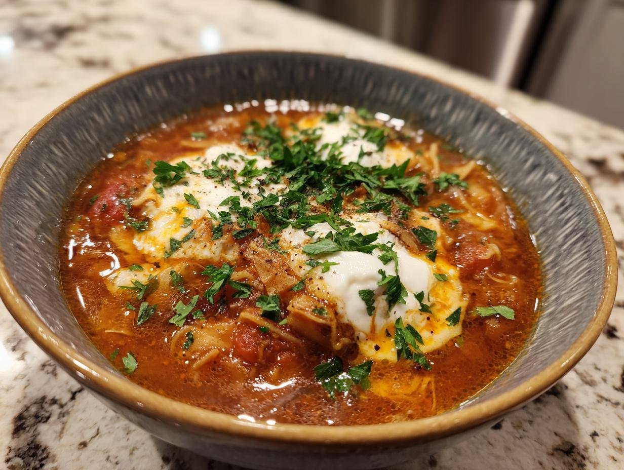 A close-up of a bowl of Irresistible Crock Pot Lasagna Soup, topped with dollops of ricotta and fresh parsley.