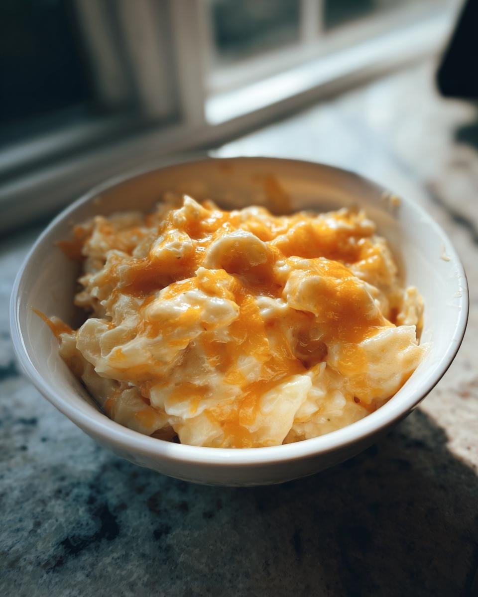 A white bowl filled with Irresistible Crockpot Cheesy Potatoes, topped with melted cheddar cheese.