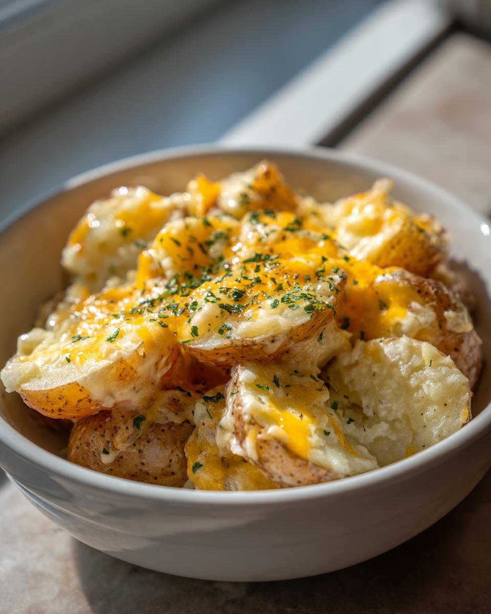A bowl of Irresistible Crockpot Cheesy Potatoes, topped with melted cheddar cheese and fresh parsley.