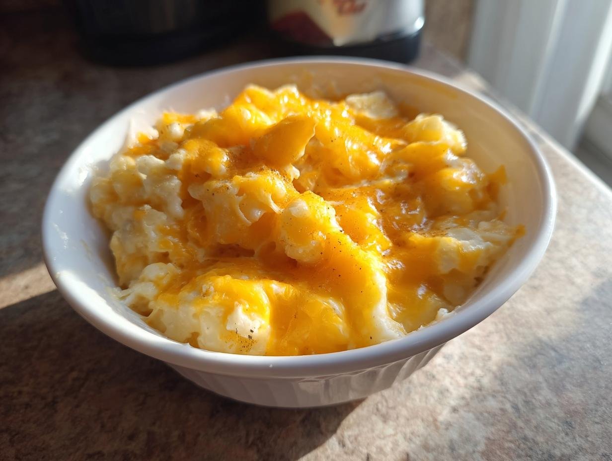 A white bowl filled with Irresistible Crockpot Cheesy Potatoes, topped with melted cheddar cheese.