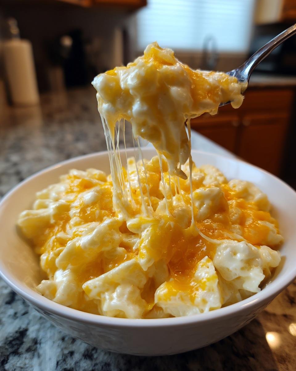 A spoonful of Irresistible Crockpot Cheesy Potatoes being lifted from a bowl, showing melted cheese strings.