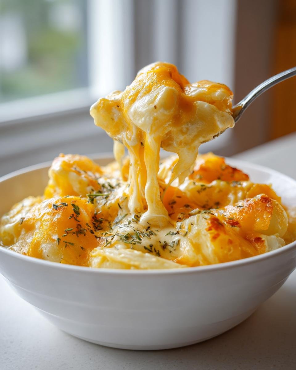 A spoonful lifting cheesy potatoes from a bowl, showcasing the irresistible Crockpot Cheesy Potatoes Recipe.
