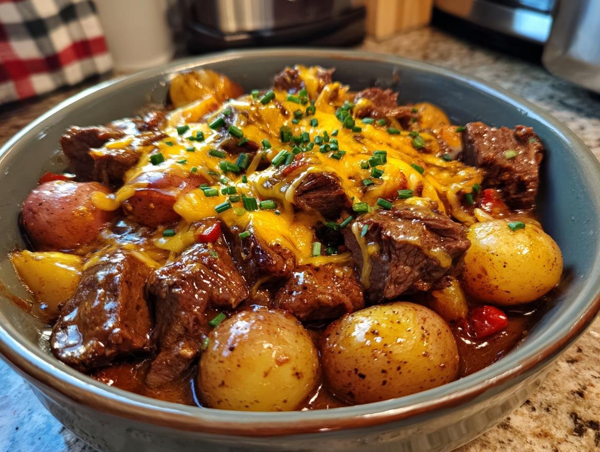 A bowl of Irresistible Crockpot Loaded Steak and Potato Bake, topped with melted cheddar cheese and chives.
