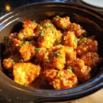 Close-up of Irresistible Crockpot Orange Chicken Recipe, glazed and garnished with sesame seeds and green onions.