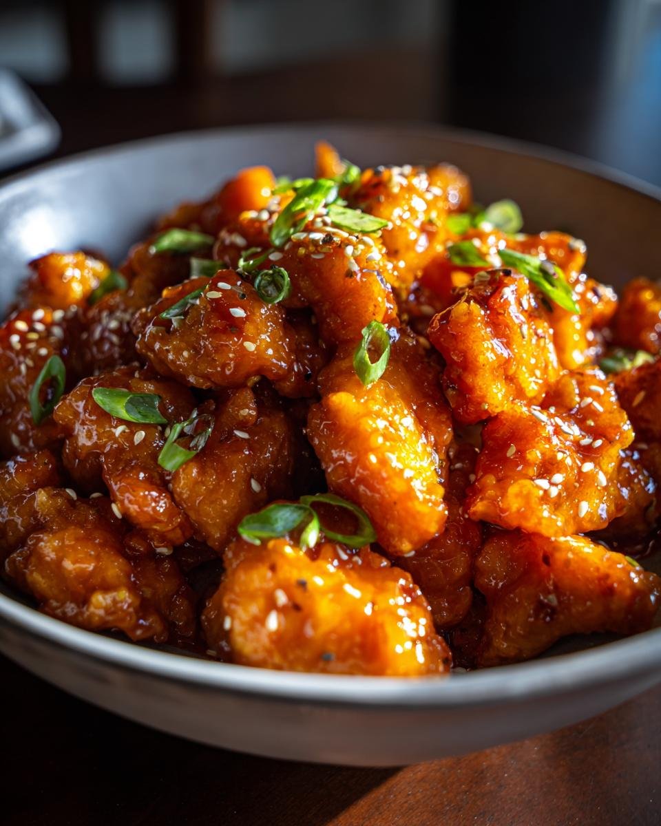 A bowl filled with Irresistible Crockpot Orange Chicken, garnished with sesame seeds and green onions.