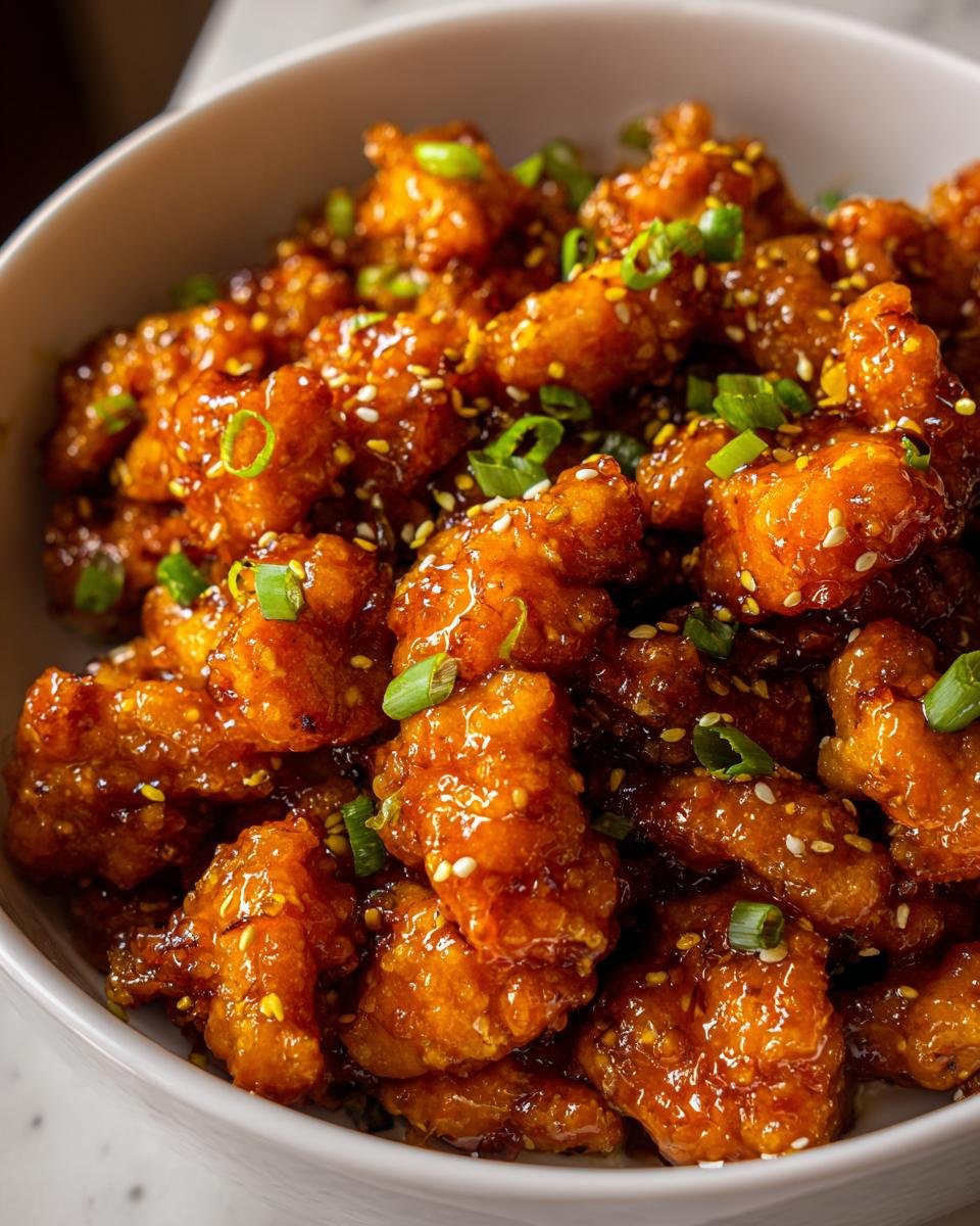 Close-up of Irresistible Crockpot Orange Chicken Recipe, coated in a glossy orange sauce and sprinkled with sesame seeds and green onions.